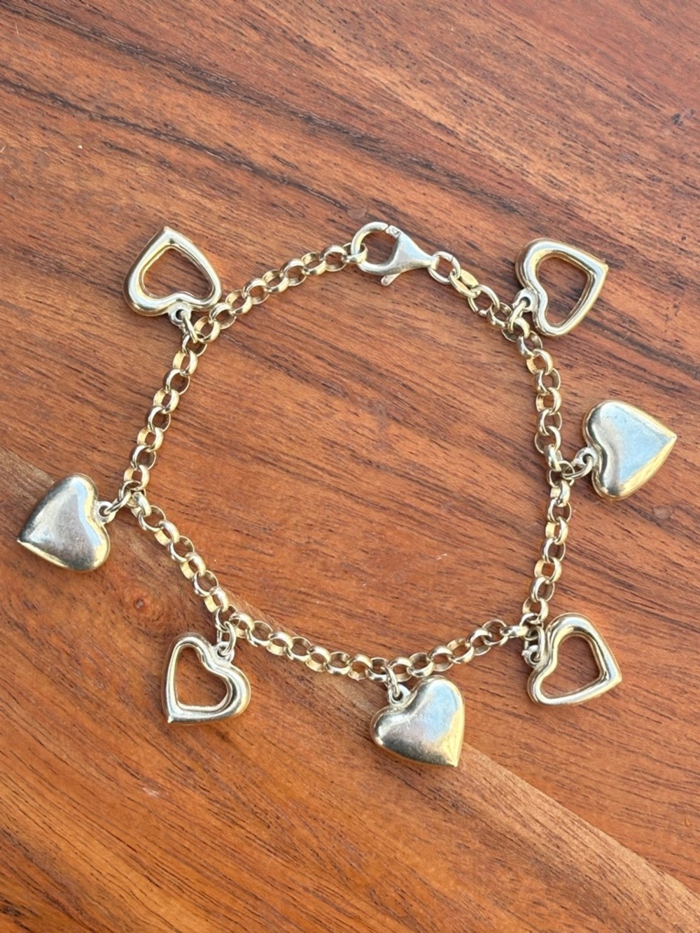 Vintage Sterling Silver Puffy Heart Charm Bracelet 925 Dangle Heart